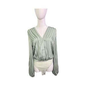 Promesa Sage Green Satin Bodysuit V Neck Balloon Sleeve M Quiet Luxury NWT